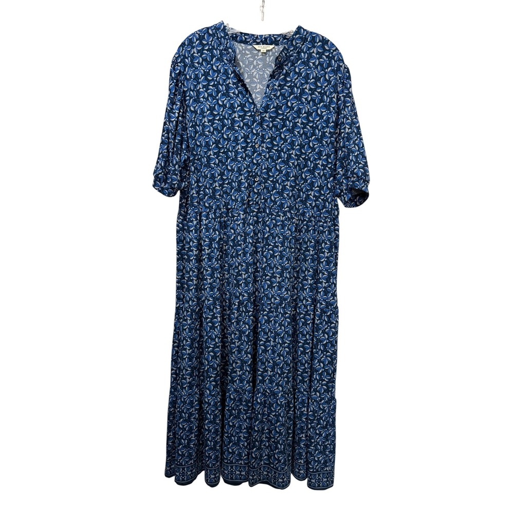 Max Studio London Blue Floral Leaf Tiered Midi Dress Plus Size 2X